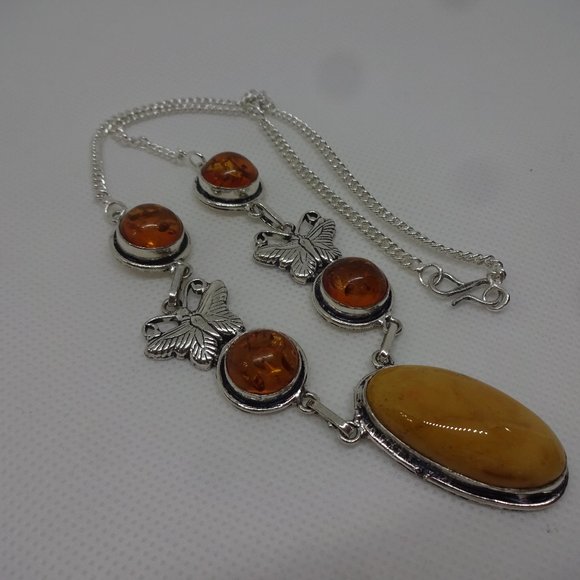 Gorgeous "MOOKAITE JASPER & AMBER" Butterfly Handmade Sterling Necklace 22"  115 - Picture 1 of 5